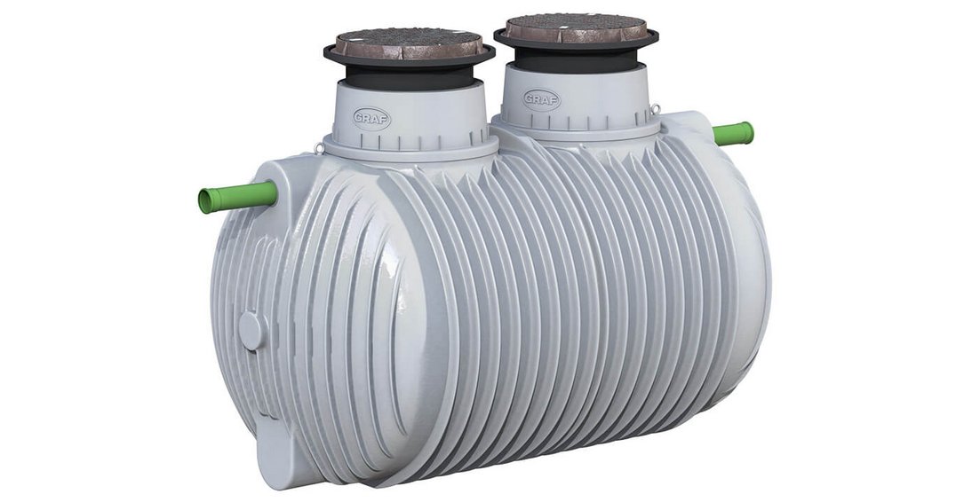 Grey and white Grease Arrestor SC 5000 litre tank with black lids on a white background. 